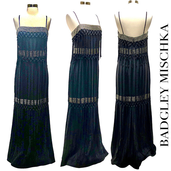 Badgley Mischka Collection NWT Beaded Evening Gown with Macrame Tassel Detail, 6 - Picture 1 of 13